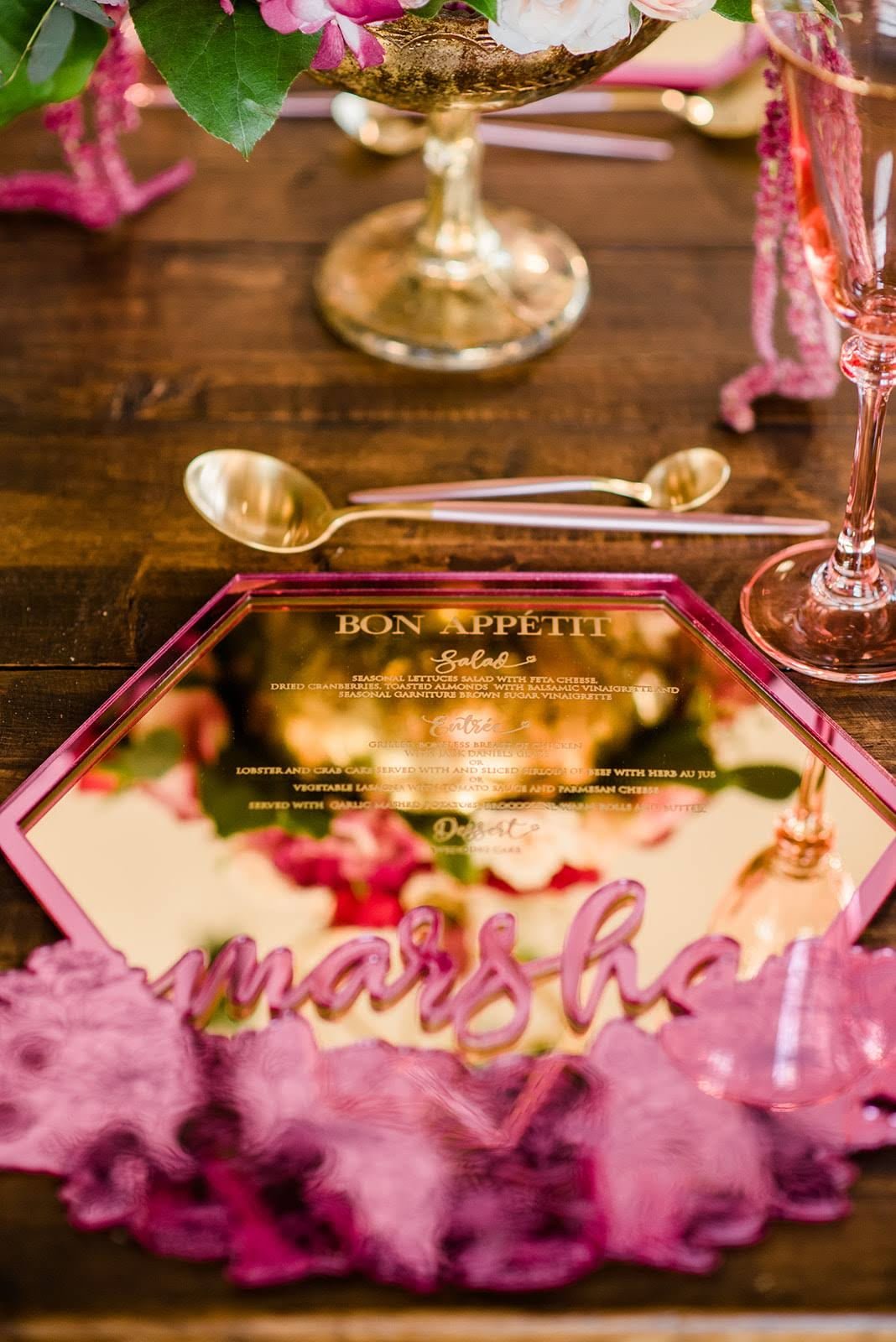 Custom Charger plate with name pink and gold acrylic