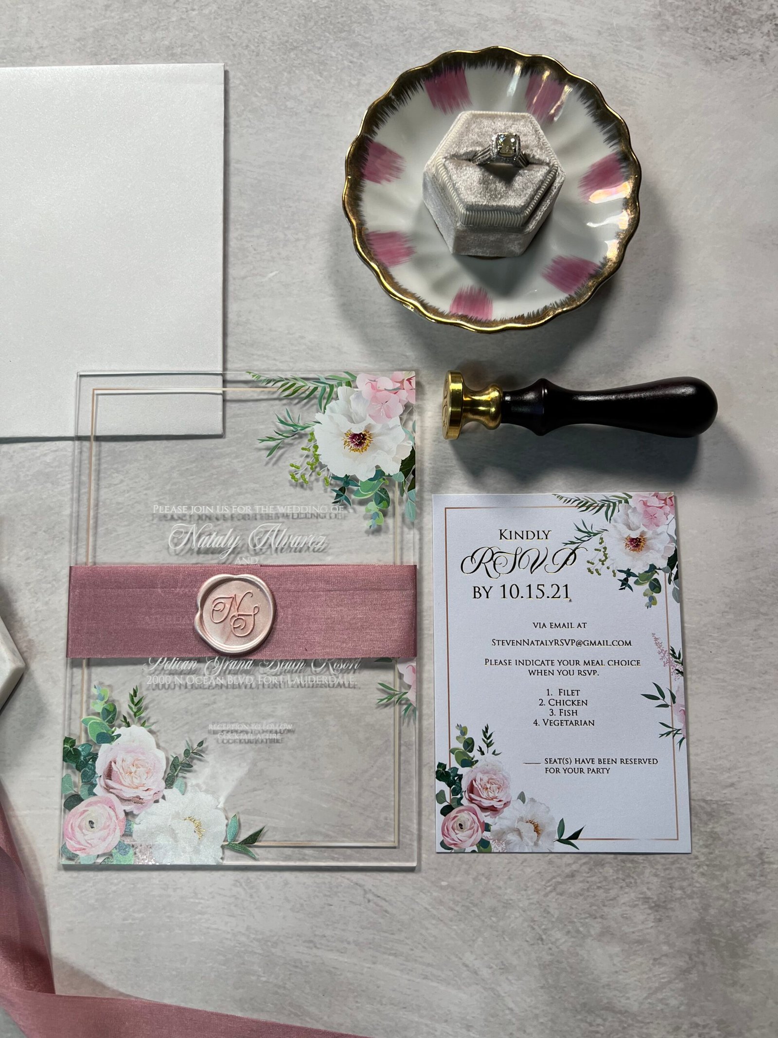 Nataley Acrylic Invitations with wax seal and realsilk ribbon